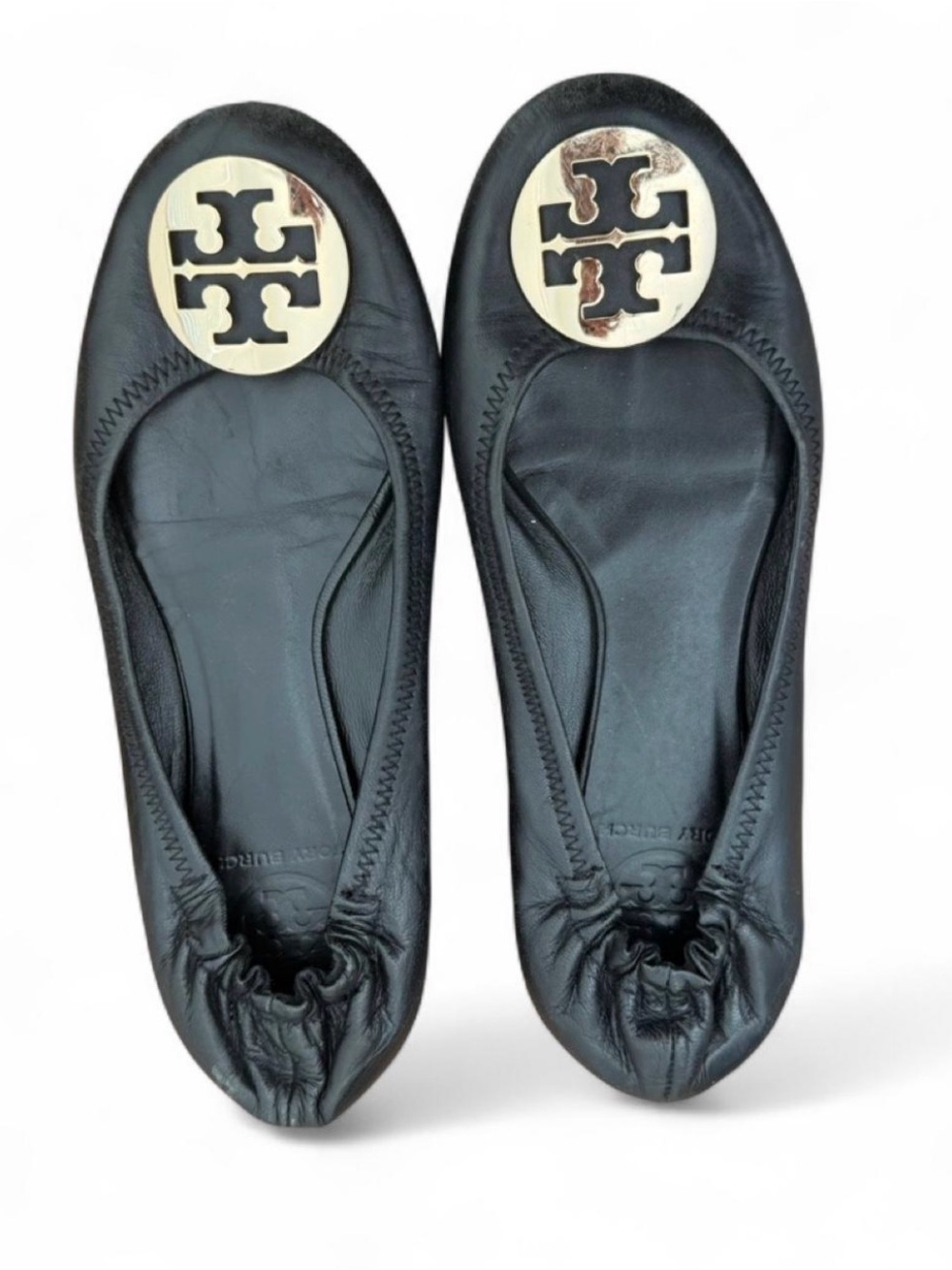 Tory Burch Black Leather Ballet Flats with Gold Logo Medallion
